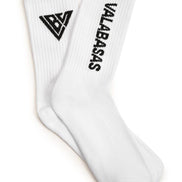 White socks with black logo and text on a white background