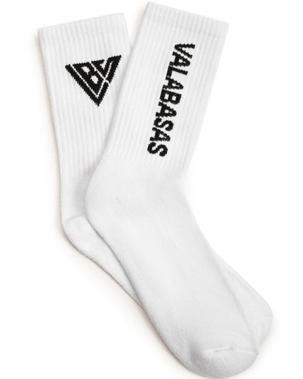 White socks with black logo and text on a white background