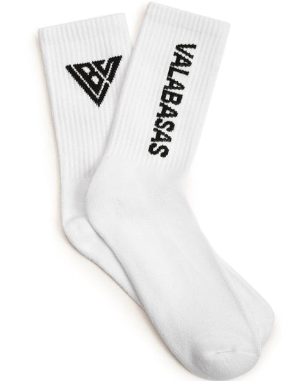 White socks with black logo and text on a white background
