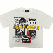 White t-shirt with graphic design and text on a white background