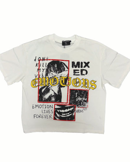 White t-shirt with graphic design and text on a white background