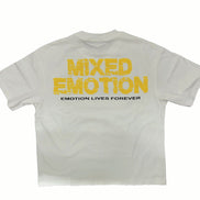 White t-shirt with yellow text 'MIXED EMOTION' on a white background