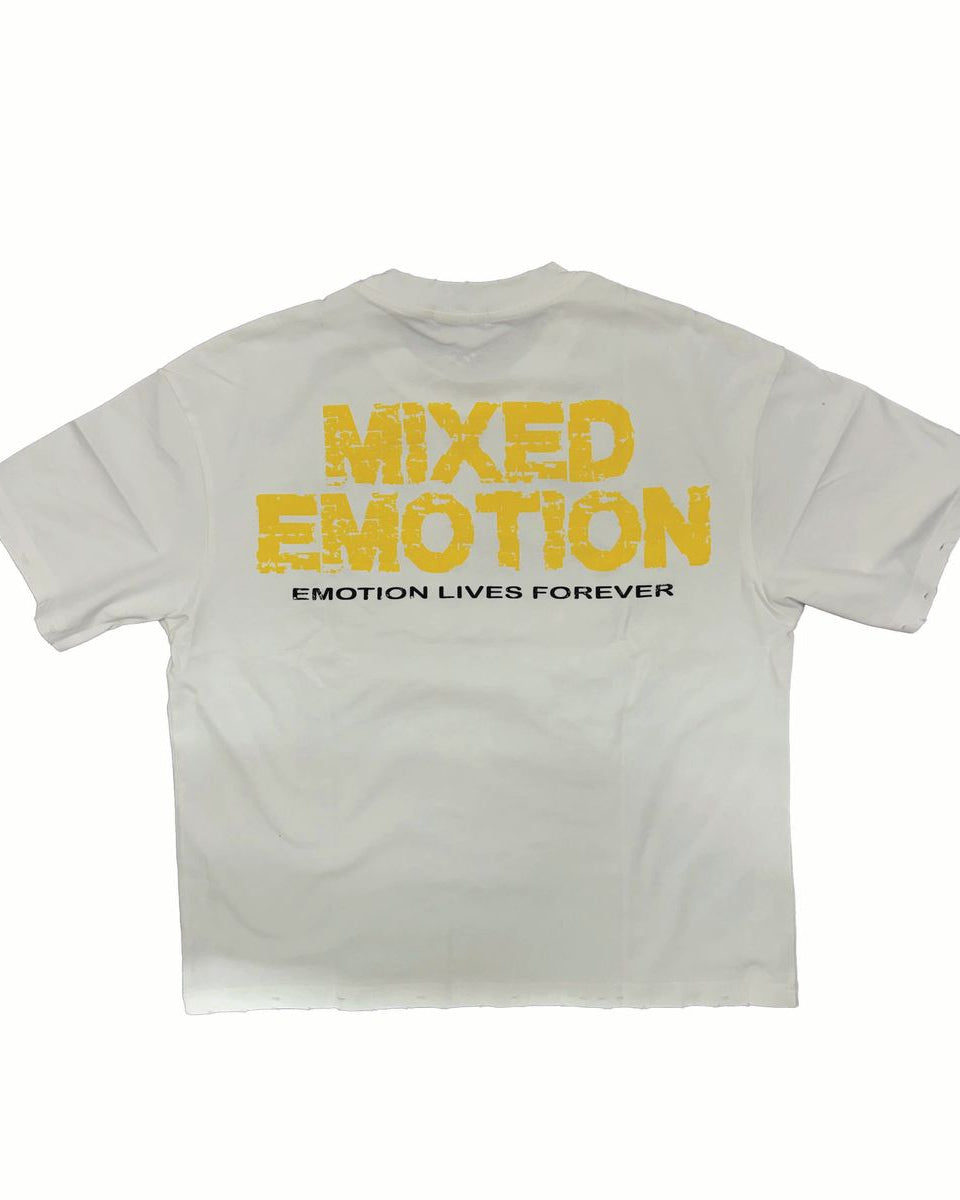 White t-shirt with yellow text 'MIXED EMOTION' on a white background