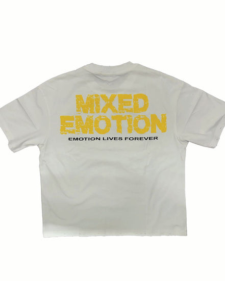 White t-shirt with yellow text 'MIXED EMOTION' on a white background