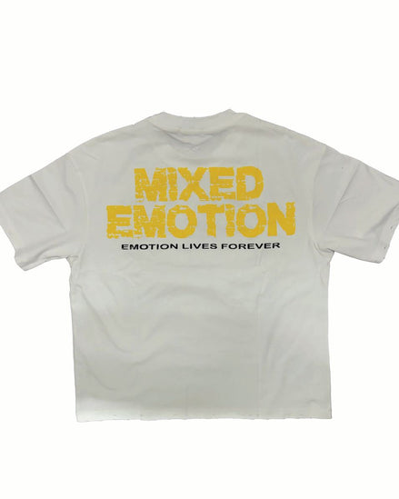 White t-shirt with yellow text 'MIXED EMOTION' on a white background