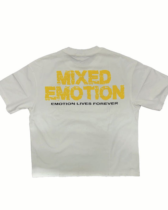 White t-shirt with yellow text 'MIXED EMOTION' on a white background