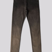 A pair of slim-fit jeans in a washed black or charcoal gray denim, laid flat against a solid light gray background. The brand name '35 LEATHER' is visible on the inner waistband label.