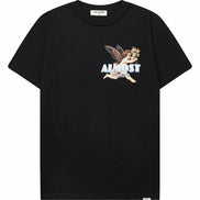 Black t-shirt with graphic design on a white background