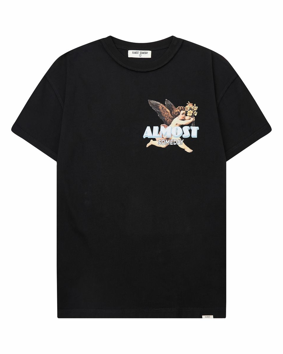 Black t-shirt with graphic design on a white background