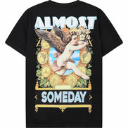 Black t-shirt with angel graphic and 'Almost Someday' text on a white background
