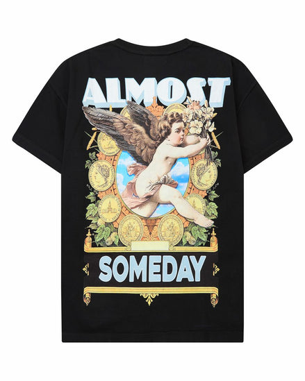 Black t-shirt with angel graphic and 'Almost Someday' text on a white background