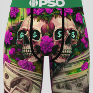 Shorts with skull and dollar bill design featuring the PSD logo.