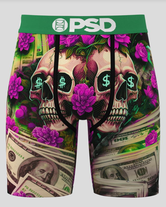 Shorts with skull and dollar bill design featuring the PSD logo.