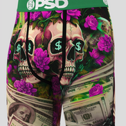 Shorts with skull and dollar bill design on a gray background