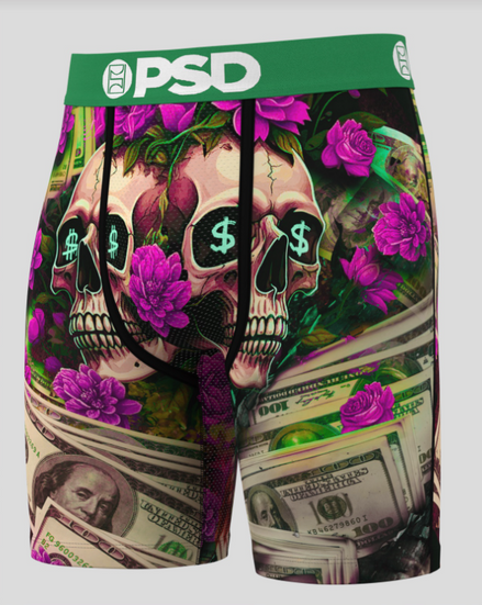 Shorts with skull and dollar bill design on a gray background