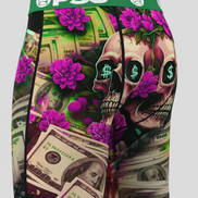 Shorts with a skull and dollar bill design on a gray background