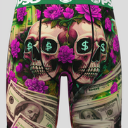 Boxer briefs with skull and dollar bill design on a white background