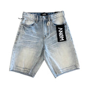 Light blue denim shorts with a brand label on a white background