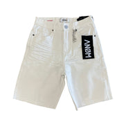 White denim shorts with a brand logo on a white background