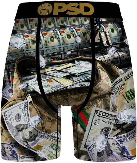 Briefs with a design of money and a bag on a black background