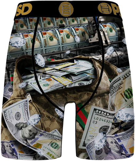 Boxer briefs with dollar bill and cash design on a black background