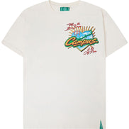 White t-shirt with a small logo on a white background