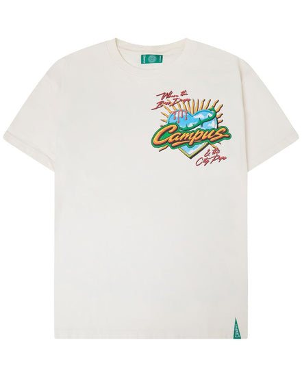 White t-shirt with a small logo on a white background