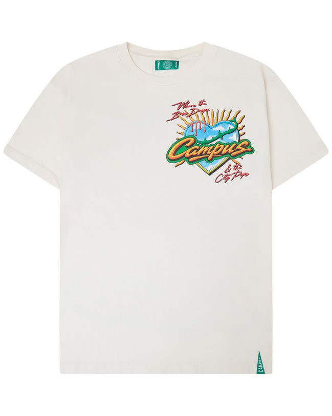 White t-shirt with a small logo on a white background