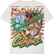 An off-white short-sleeve t-shirt with a large, colorful graphic print on the back. The graphic features a stylized illustration of a woman with a snake, graffiti-style text, and the word 'Campus' in large orange letters at the bottom.