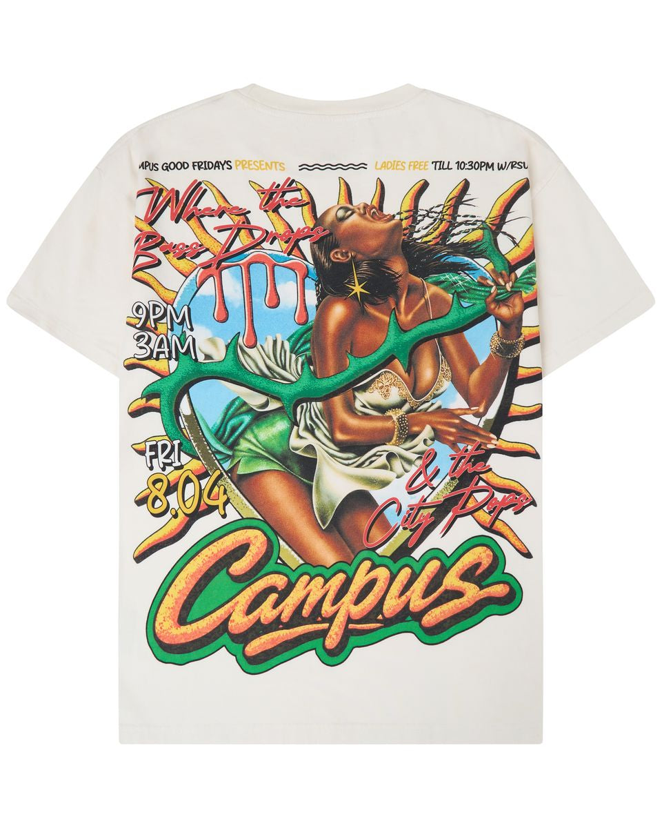 An off-white short-sleeve t-shirt with a large, colorful graphic print on the back. The graphic features a stylized illustration of a woman with a snake, graffiti-style text, and the word 'Campus' in large orange letters at the bottom.