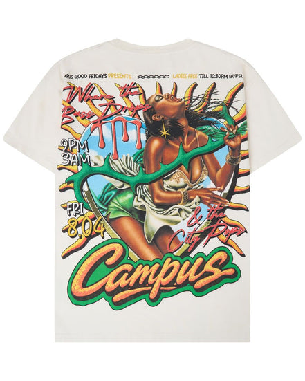 An off-white short-sleeve t-shirt with a large, colorful graphic print on the back. The graphic features a stylized illustration of a woman with a snake, graffiti-style text, and the word 'Campus' in large orange letters at the bottom.