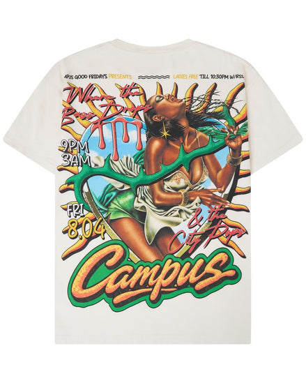 An off-white short-sleeve t-shirt with a large, colorful graphic print on the back. The graphic features a stylized illustration of a woman with a snake, graffiti-style text, and the word 'Campus' in large orange letters at the bottom.