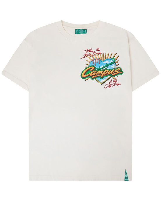 White t-shirt with a small logo on a white background