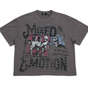 Gray t-shirt with graphic design and text on a white background