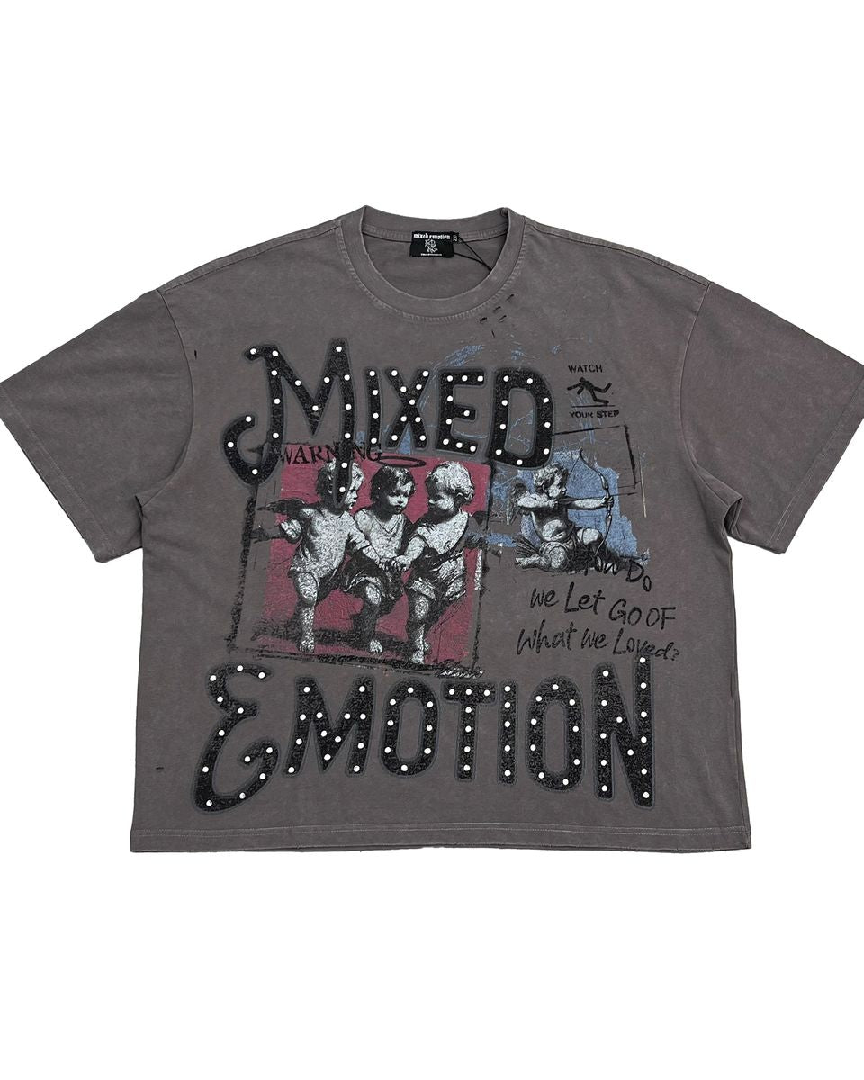 Gray t-shirt with graphic design and text on a white background