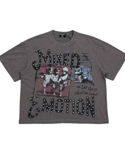Gray t-shirt with graphic design and text on a white background