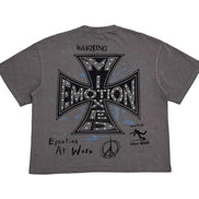 Gray t-shirt with black graphic design on the back on a white background