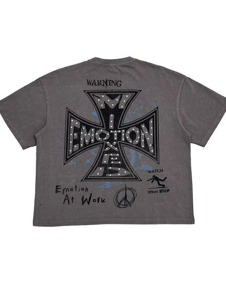 Gray t-shirt with black graphic design on the back on a white background