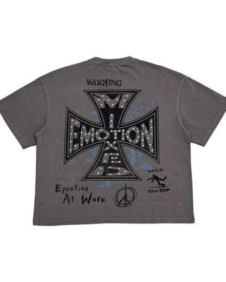 Gray t-shirt with black graphic design on the back on a white background