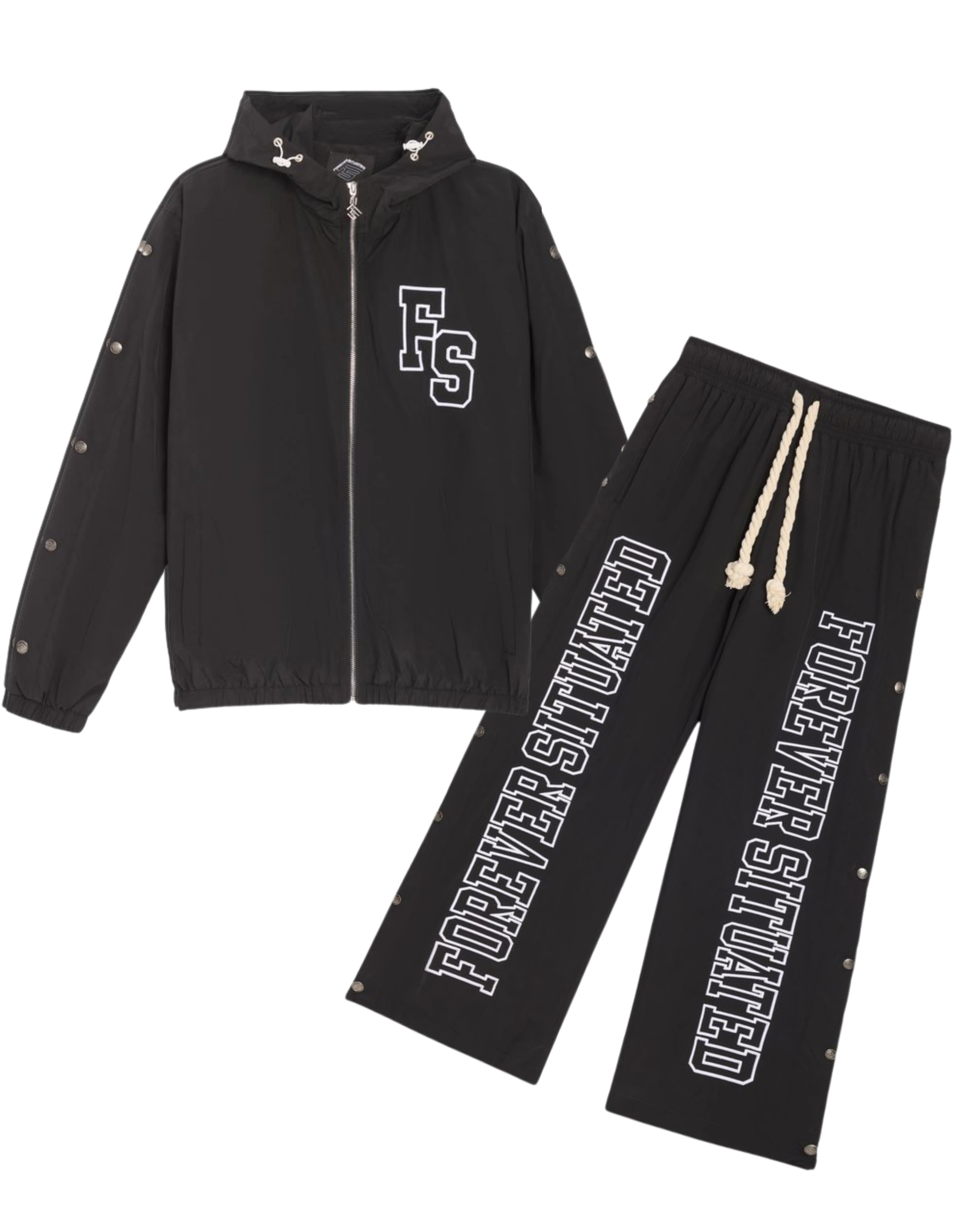 A two-piece black tracksuit set featuring a zip-up hooded jacket and matching sweatpants, both with white graphic text and decorative silver studs, displayed on a solid white background.