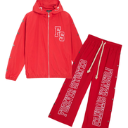 A red two-piece tracksuit set featuring a zip-up hooded jacket and matching pants. The jacket has a white 'FS' logo on the chest, while the pants feature 'FOREVER SITUATED' printed in white varsity letters down the left leg.