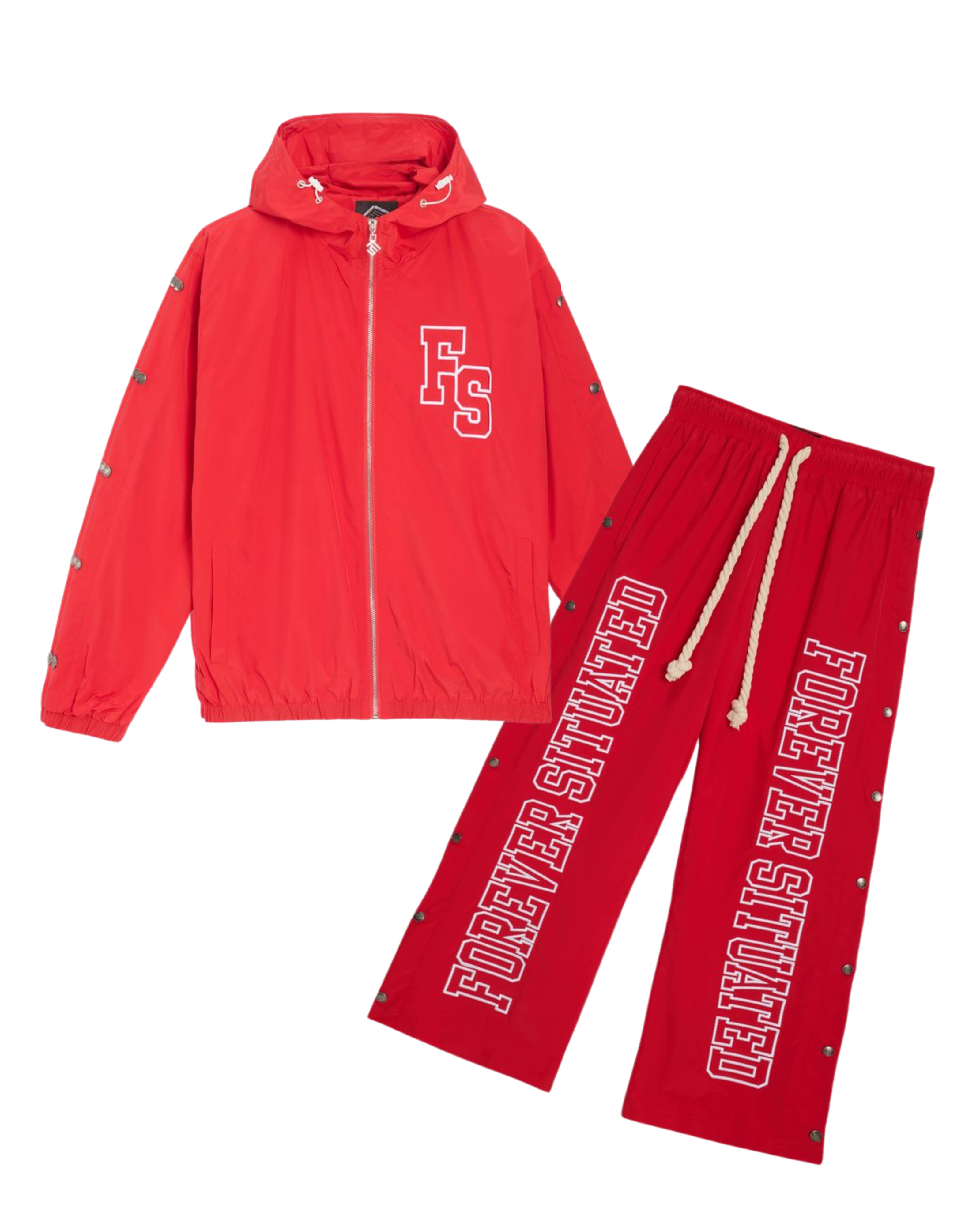A red two-piece tracksuit set featuring a zip-up hooded jacket and matching pants. The jacket has a white 'FS' logo on the chest, while the pants feature 'FOREVER SITUATED' printed in white varsity letters down the left leg.