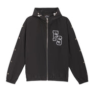 A black zip-up hooded jacket with a white 'FS' monogram logo on the left chest, displayed flat against a solid white background.