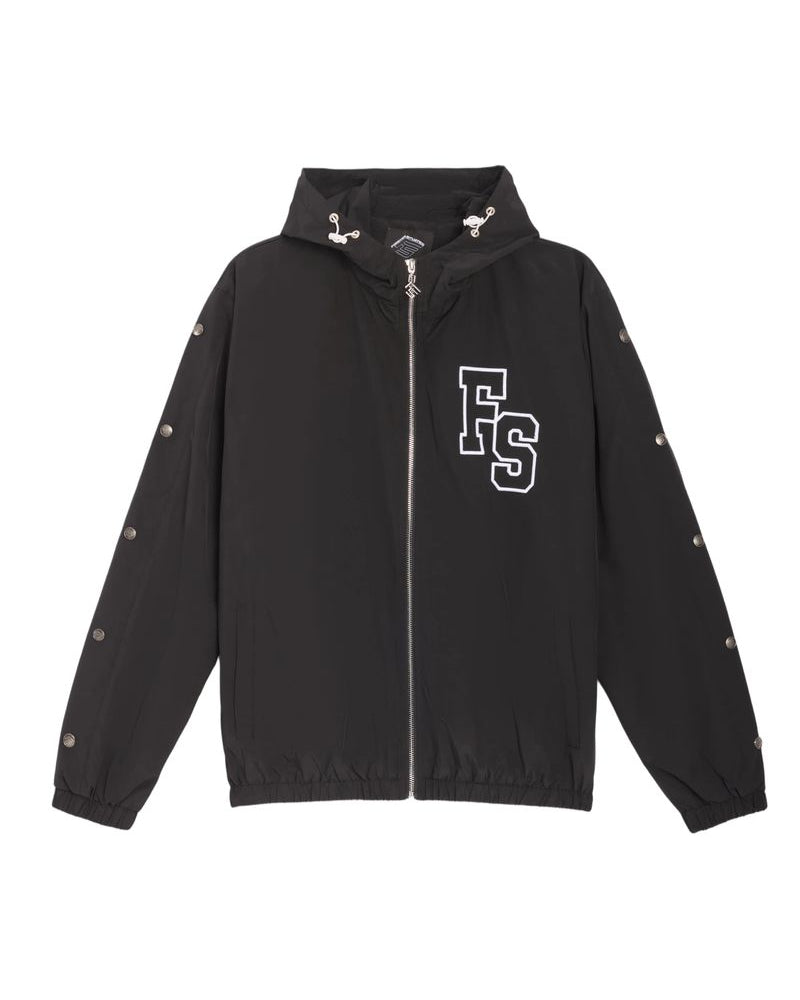 A black zip-up hooded jacket with a white 'FS' monogram logo on the left chest, displayed flat against a solid white background.