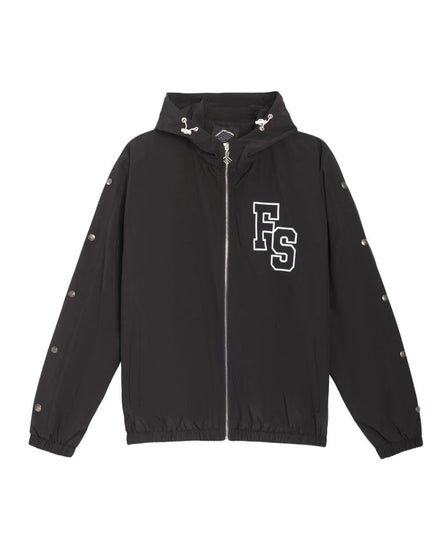 A black zip-up hooded jacket with a white 'FS' monogram logo on the left chest, displayed flat against a solid white background.