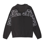 A black hooded windbreaker jacket with 'FOREVER SITUATED' printed in large white outlined block letters across the chest and down both sleeves, shown against a plain white background.