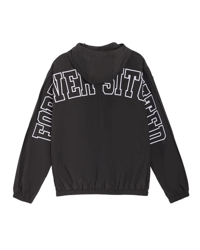 A black hooded windbreaker jacket with 'FOREVER SITUATED' printed in large white outlined block letters across the chest and down both sleeves, shown against a plain white background.