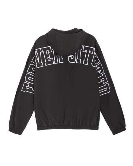 A black hooded windbreaker jacket with 'FOREVER SITUATED' printed in large white outlined block letters across the chest and down both sleeves, shown against a plain white background.