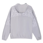 A light gray hooded windbreaker jacket shown from the back, featuring large white outlined text arched across the upper back and sleeves.
