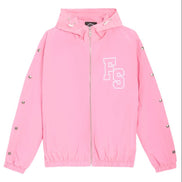 A pink hooded zip-up jacket with a white 'FS' monogram on the chest, silver snap details on the sleeves, and elastic cuffs, shown against a plain white background.